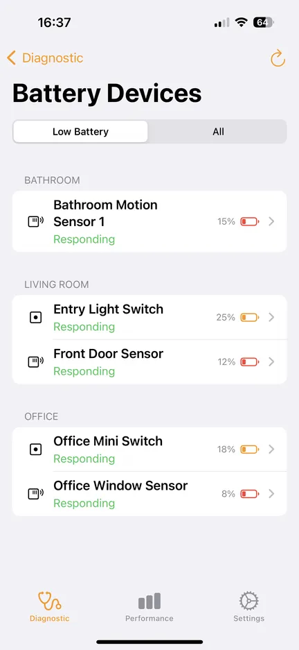 Battery Devices listing accessories below the low-battery threshold