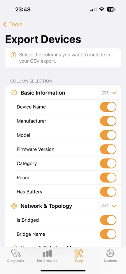 Export Devices with selectable CSV columns