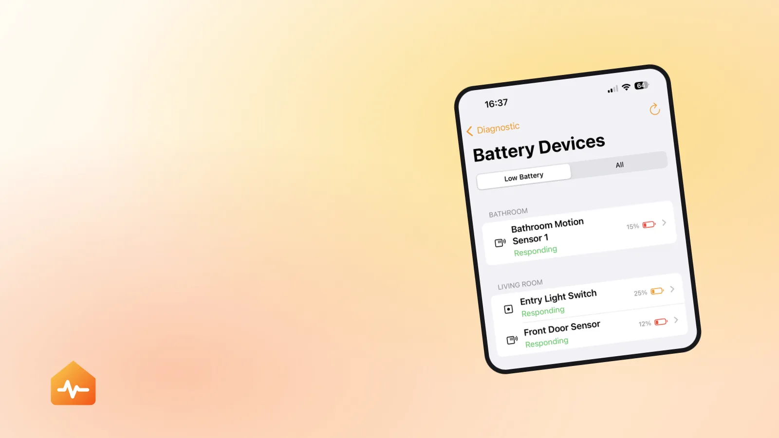 HomeCare listant les accessoires HomeKit avec leur niveau de pile et signalant ceux sous le seuil de pile faible