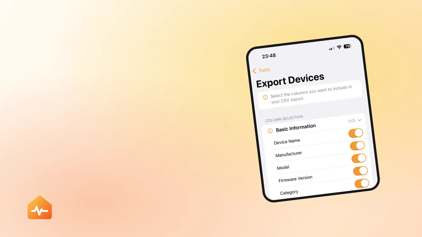 HomeCare exportant la liste des appareils HomeKit avec leurs pièces, leurs ponts et leur état avant une réinitialisation