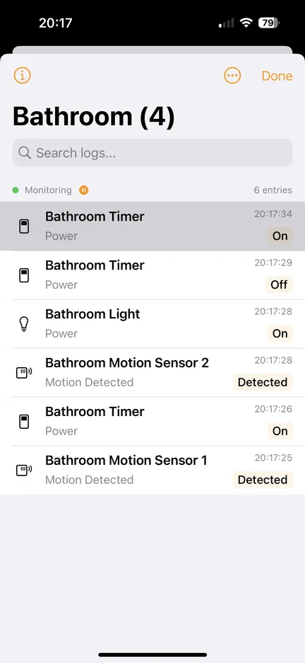 Logs Viewer streaming live HomeKit state changes for one room