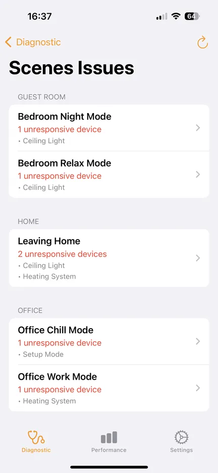 Scenes Issues grouped by room, showing which devices are unresponsive